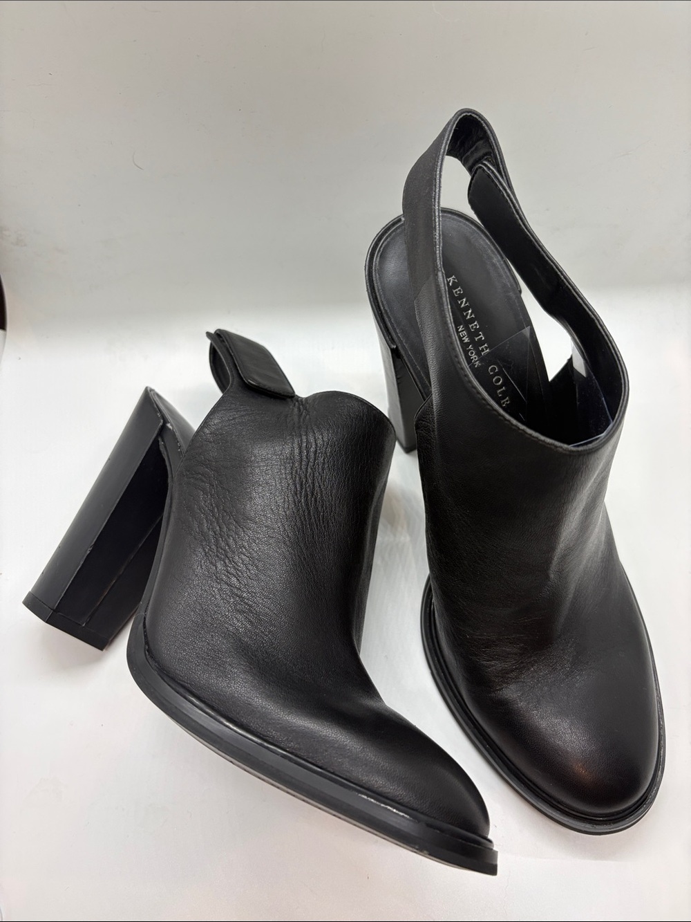 KENNETH COLE Black Leather Slingback Block Heel Booties — Cutout Back
